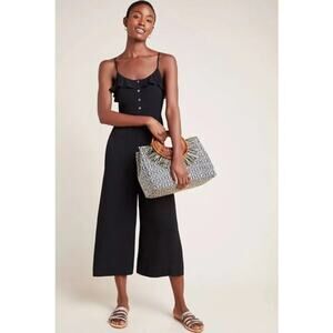 Kachel x Anthropologie Black Ruffled Cropped Wide Leg Jumpsuit Size 6